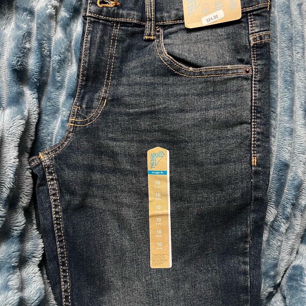 Dark Blue Denim Jeans with Contrast Stitching and Rivets